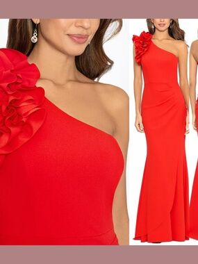 Xscape Ruffle One-Shoulder Scuba Crepe Gown Red - size 14 - NEW